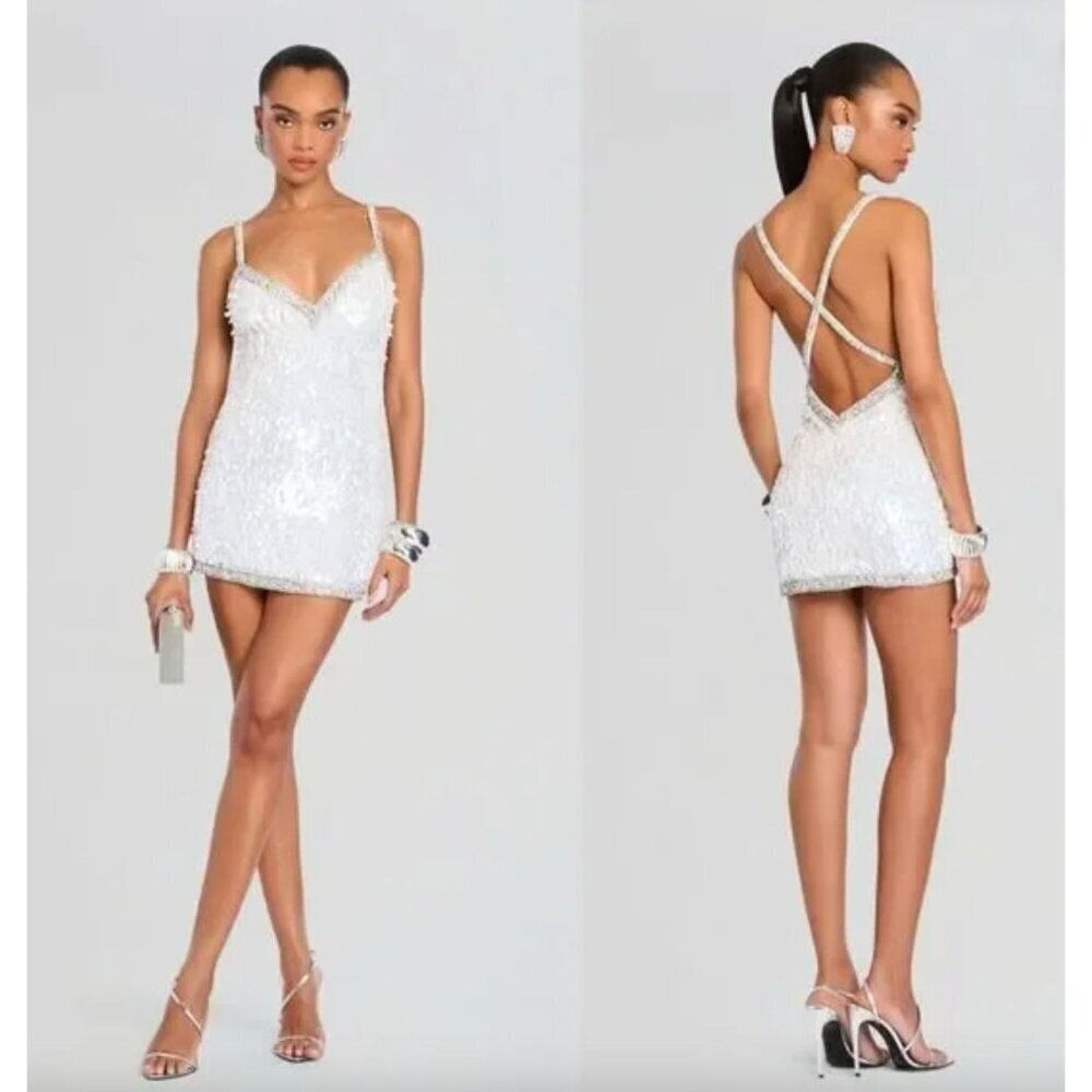 retrofete Ivana Sequin Rhinestone Mini Dress White & Silver Womens Size Small